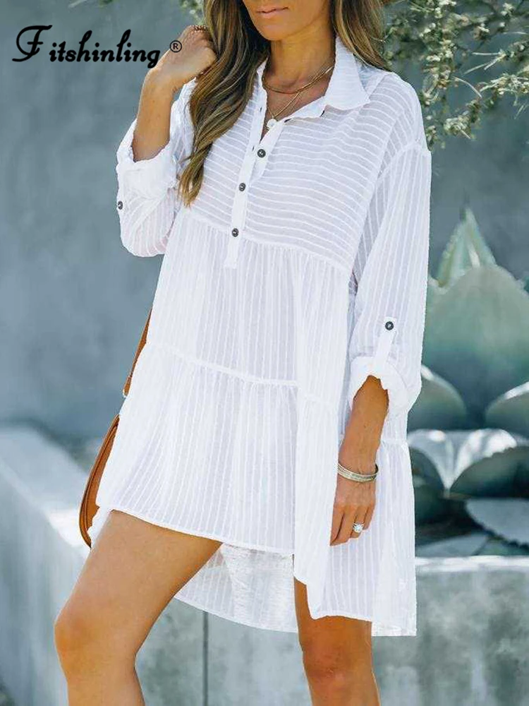 

Fitshinling New Arrival Beachwear Dress Woman Clothes Sheer Sexy Boho Pareo Beach Cover Up Button Up Vintage White Robe Outing