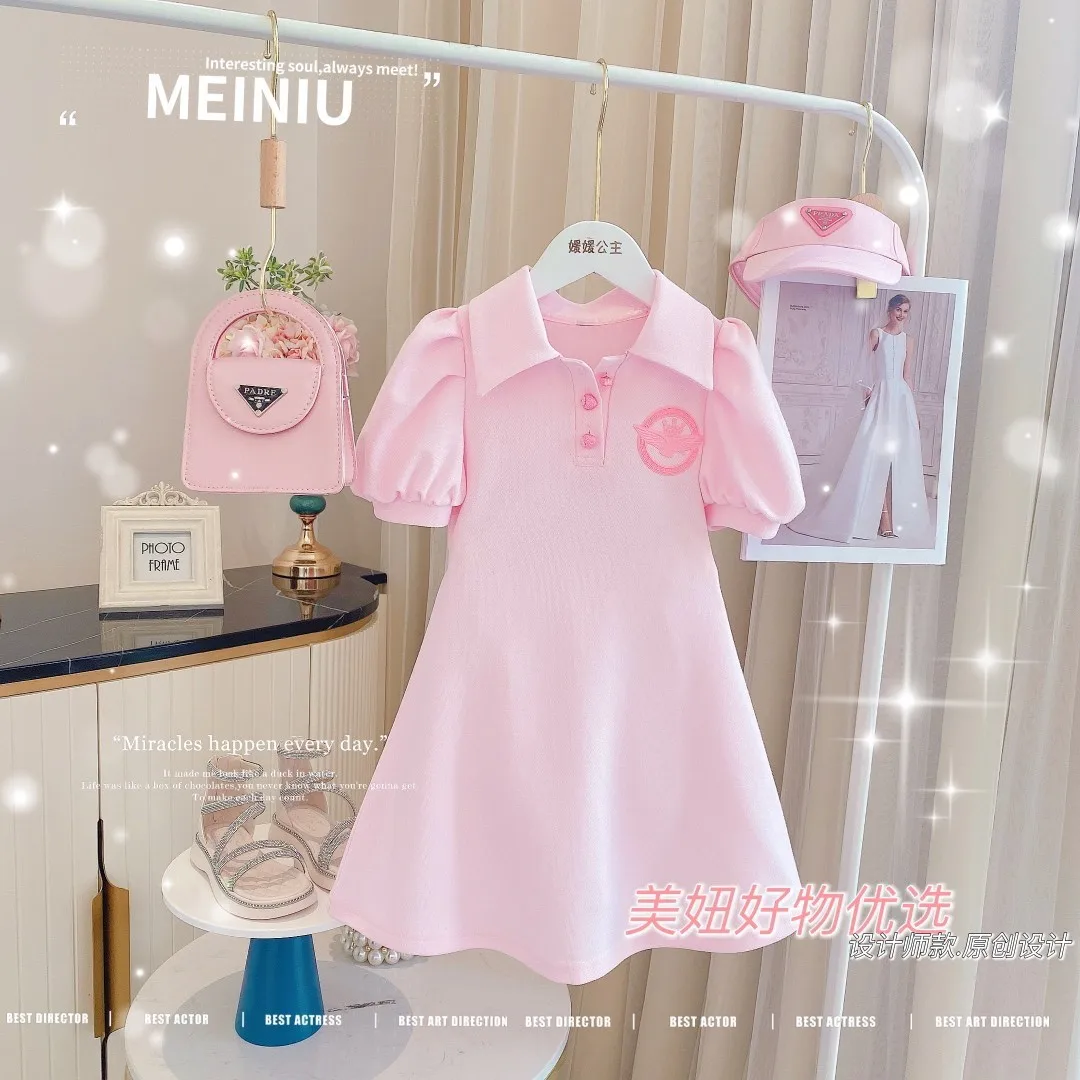

Sweet Girls Dress 2023 Summer Children's Puff Sleeve Polo Collar Dresses College Style Short Sleeve Skirt For 3-13Y