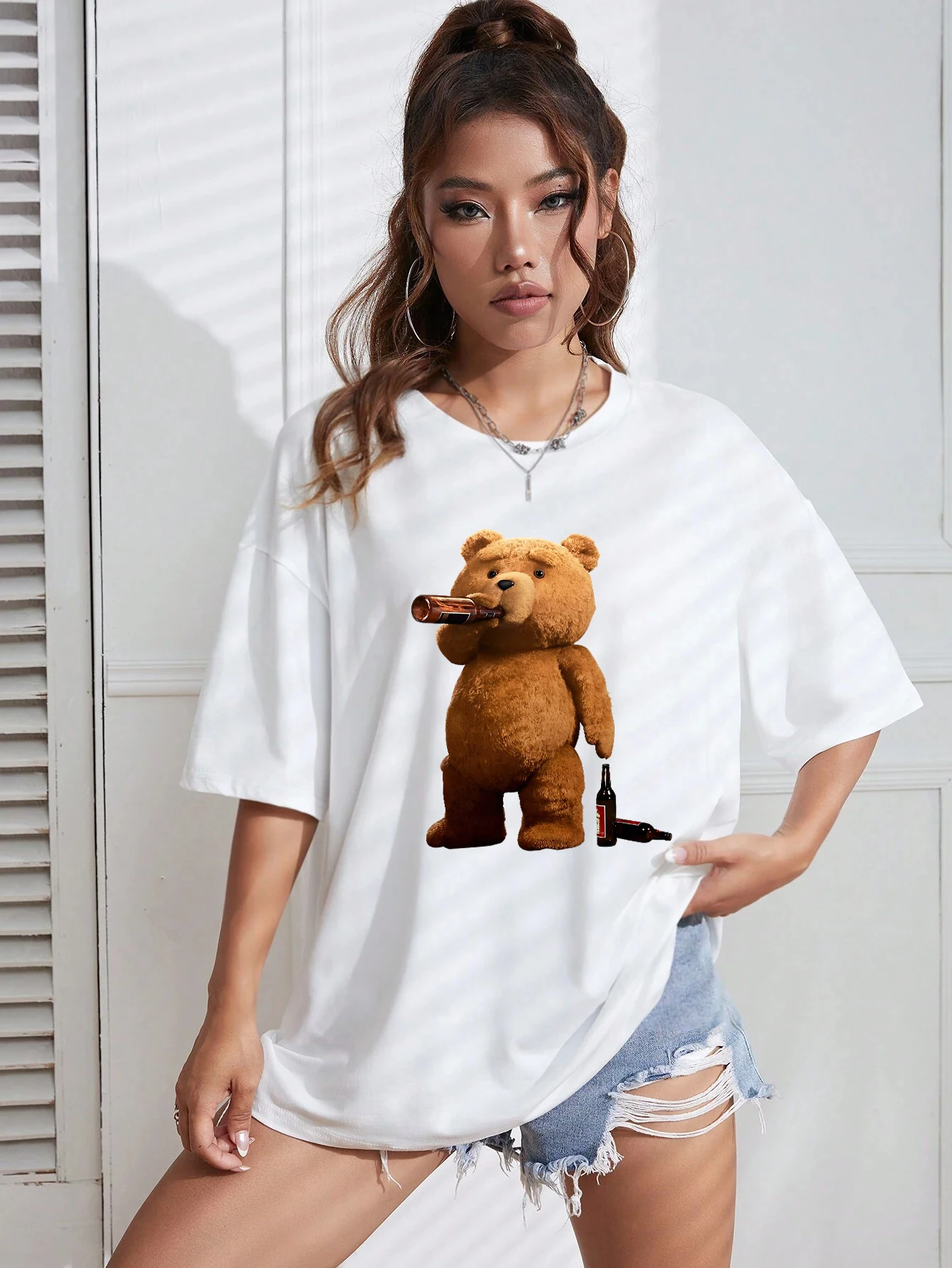 Повседневные хлопковые женские футболки Mr.Teddy Bear Is A Beer Lover с принтом мягкие