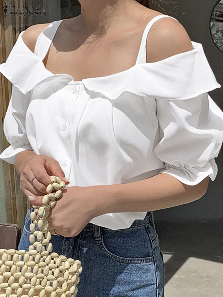 

2022 Праздничная блузка ZANZEA с открытыми плечами, винтажные корейские расклешенные рукава с буфами, милые топы, модные милые эластичные рубашк...