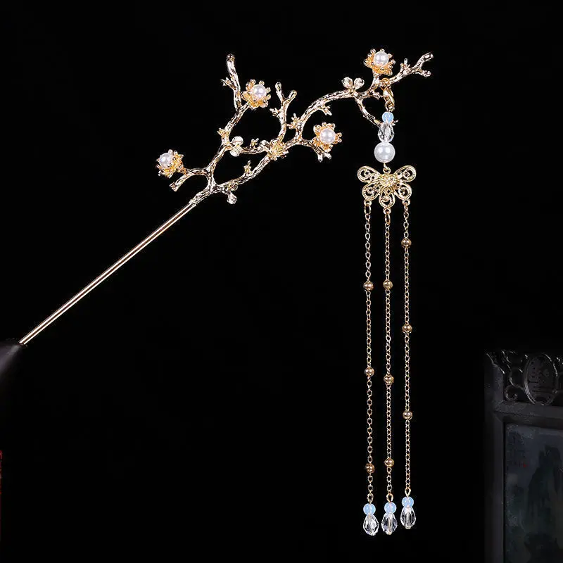 Китайская позолоченная шпилька Hanfu для волос в виде ветки антикварная длинная с