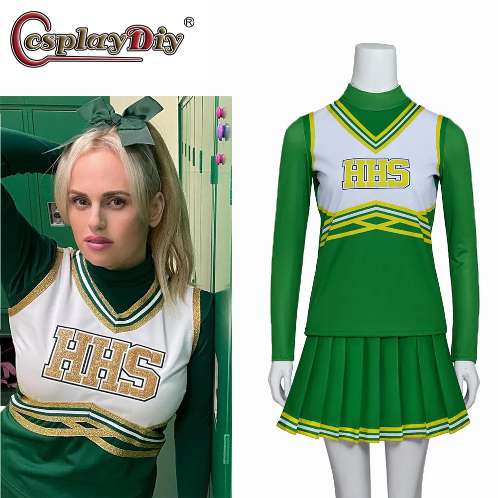 

Cosplaydiy Senior Year Rebel Wilson Cosplay HHS Green Cheerleader Costume High School Uniform Sports Team Suits Top Skirt Set