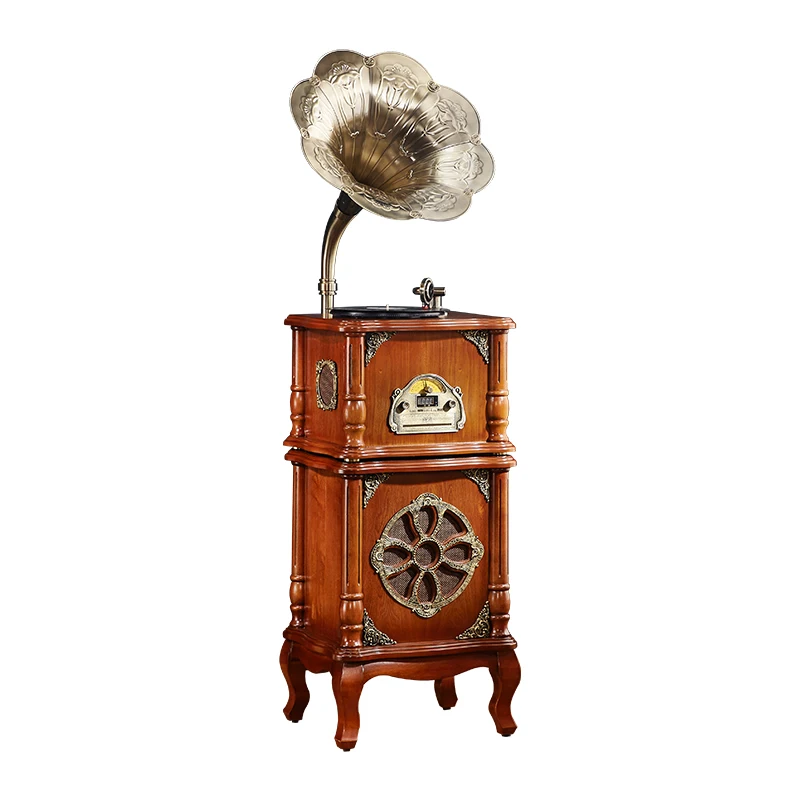 Wooden vinyl turntable Vintage speaker Home audio record player gramophone