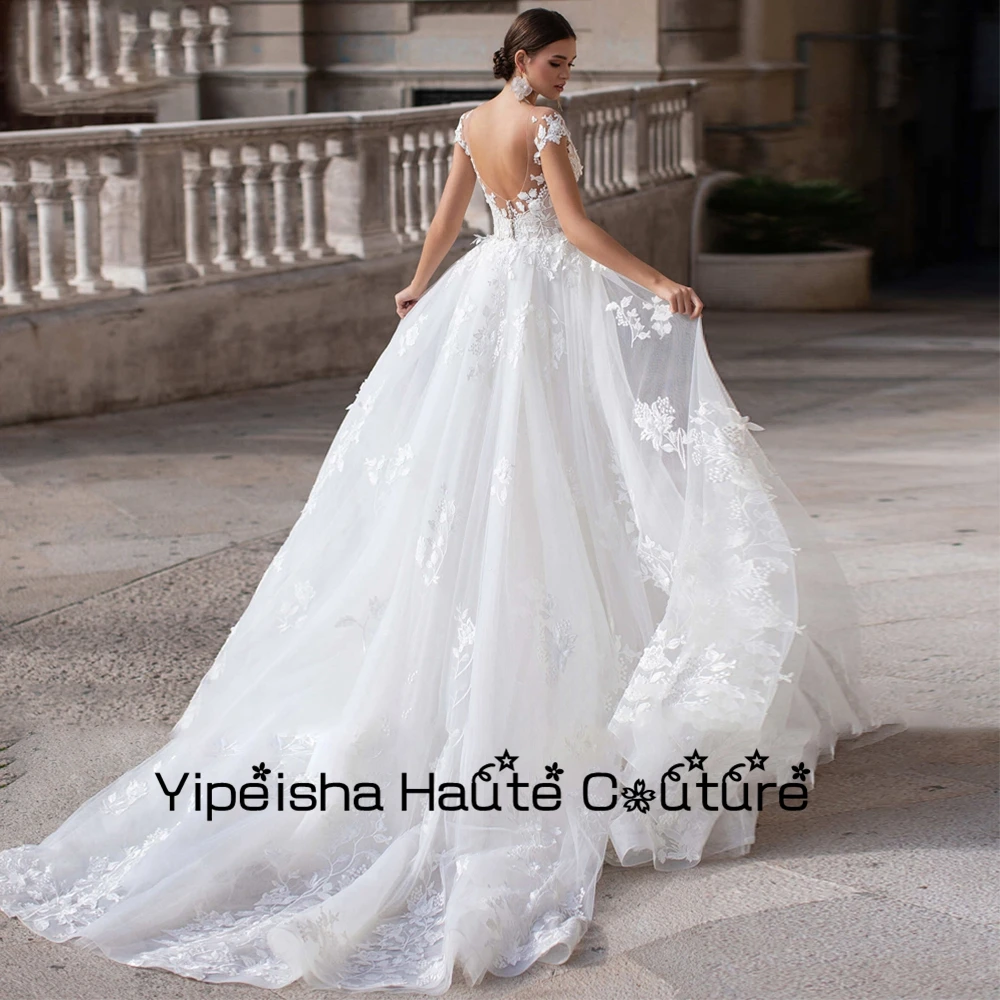 

Yipeisha Vintage Applique Wedding Dresses V Neck New Cap Sleeve Bridal Gowns Sweep Train Fashion Lace Robe De Mariée 2022 Summer