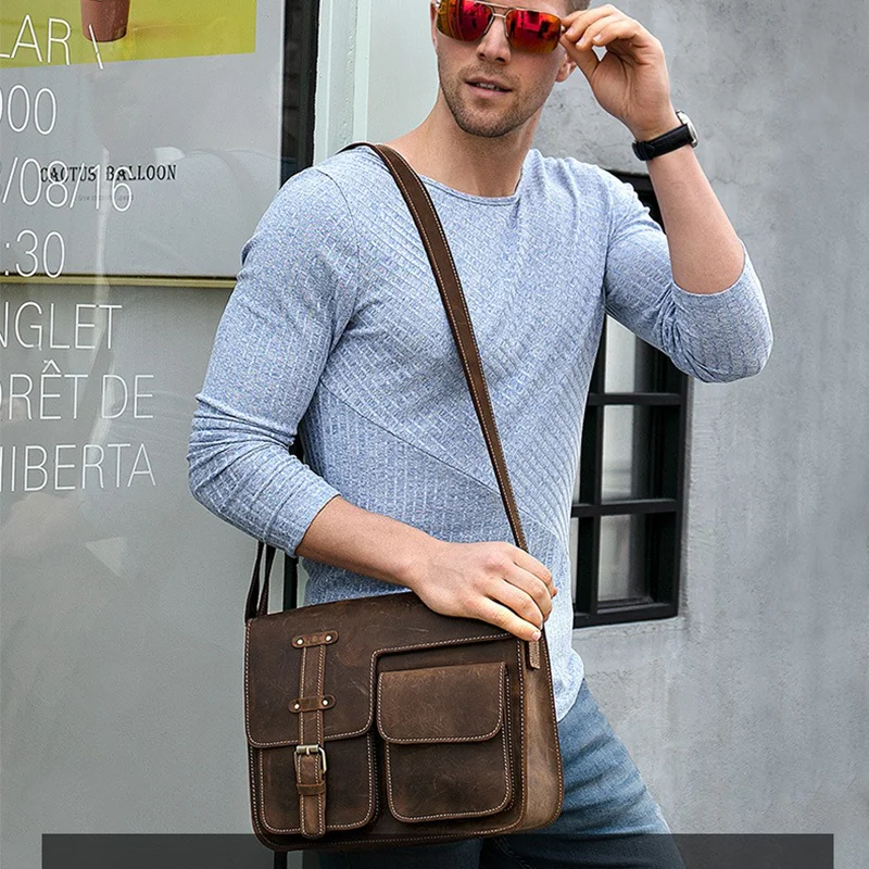 Anti Theft Men's Leather Shoulder Bag Cowskin Crossbody Messenger Bag For Man Male Vintage Style Cross body one Shoulder Bag