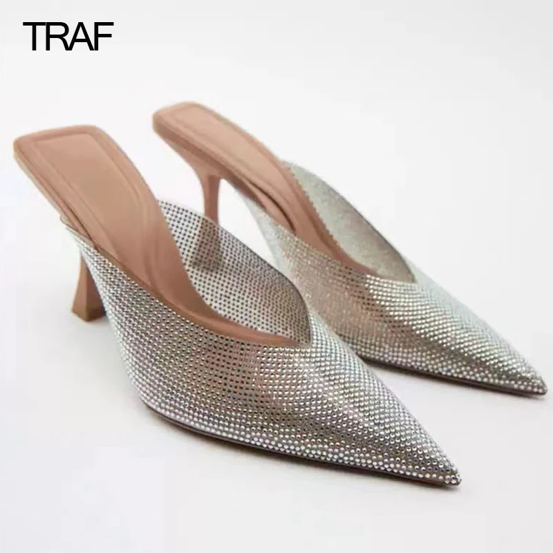 

TRAF Woman Mules Sandals 2023 Transparent Rhinestone Heels Slingback Shoes High-heeled Sandals Women Pumps Clear Mules High heel