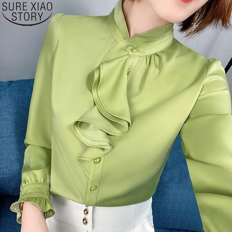 

Spring Autumn Fashion Silk Shirt Women Tops Green Chiffon Blouse 2022 Solid Simple Office Lday Stand Collar Clothes Blusas 19688