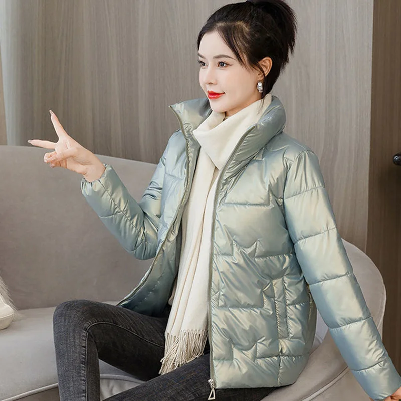 Winter Warm Thick Stand Up Down Coats Women Black White Short Down Jacket Elegant Long Sleeves Zipper Clothes Outwear Female