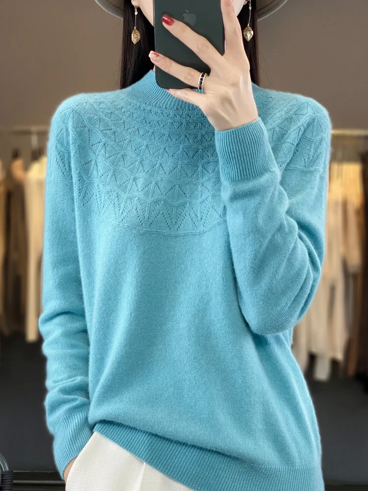 

Aliselect Fall Winter 100% Merino Wool Women's Knitted Pullover Sweater Long Sleeve Solid Color Crew Neck Classic Top