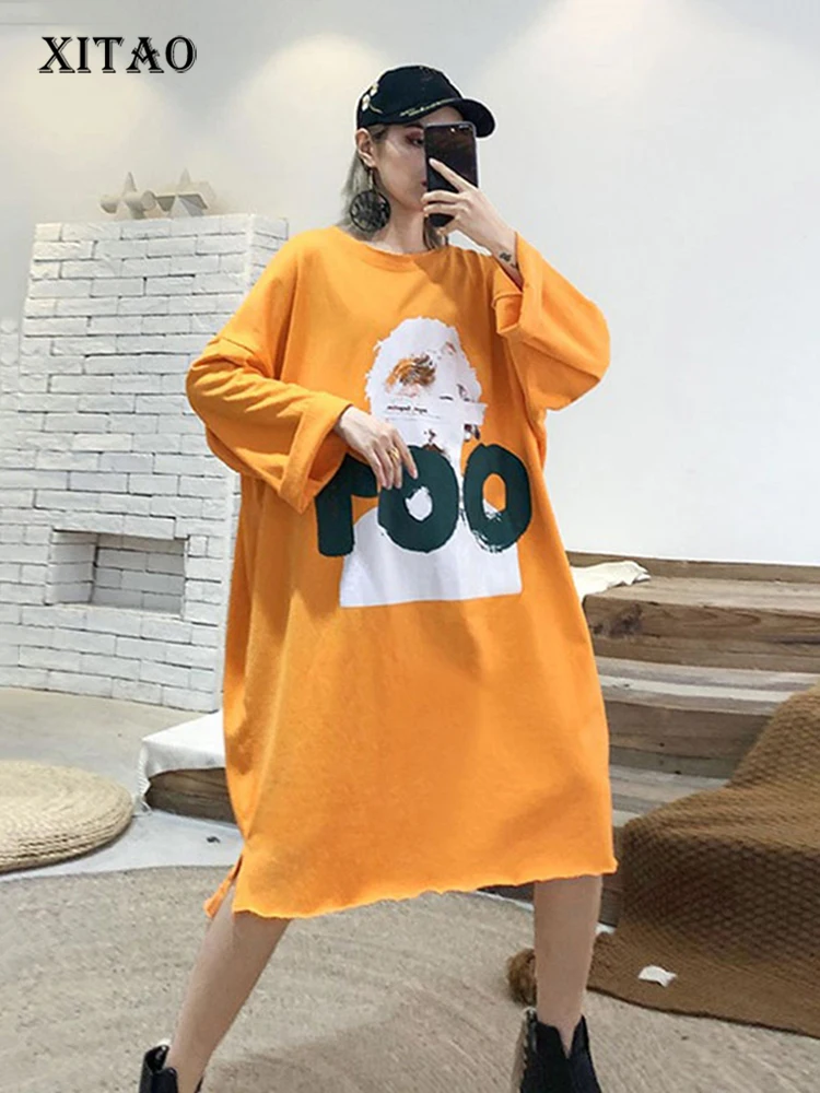 

XITAO/женское платье с буквенным принтом в Корейском стиле; Новинка 2021 года; Сезон осень; Элегантный пуловер с круглым вырезом; Плиссированное платье в этническом стиле; WQR1767