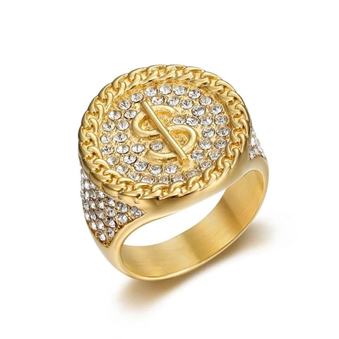 Большое мужское кольцо из нержавеющей стали 316L с фианитом золотого цвета со сверкающими знаками долларов, Крутое кольцо в стиле хип-хоп, ювелирные изделия для подарков, оптовая продажа