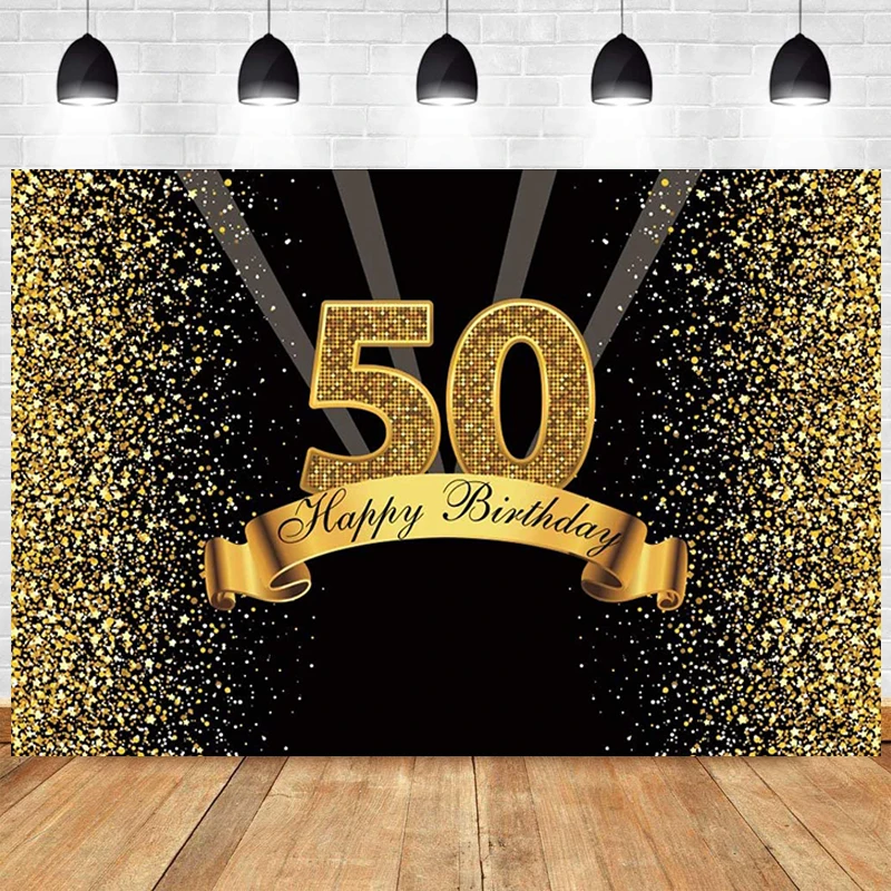 Black Gold 50th Backdrop For Woman Man Happy Birthday Party Fifty Photography Background Adult Photographic Photo Banner