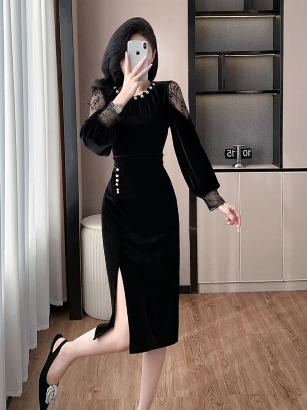 Hepburn Sle Socialite Ретро Темперамент с длинными рукавами Весна и осень Бархатное