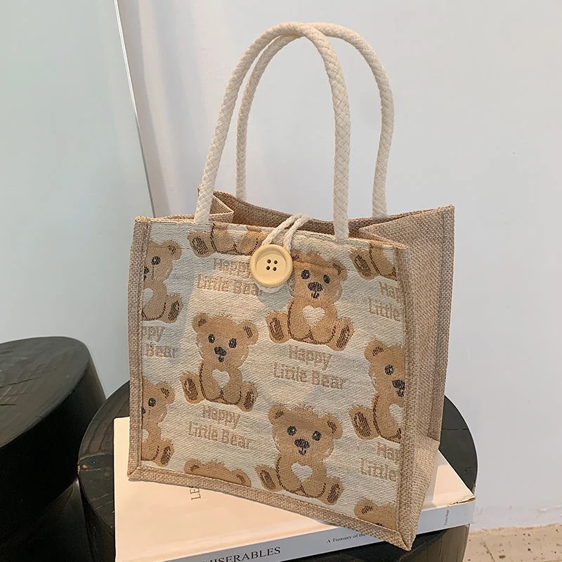 

Women Cute Bear Pattern Shoulder Bag Flax Girl Student Handbag Outdoor Handbag Casual Lunch Bag Underarm Bag