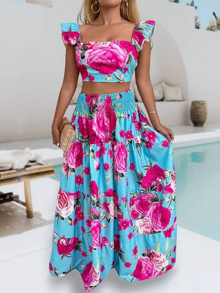 

Floral Print Shirred Crop Top & Maxi Skirt Set
