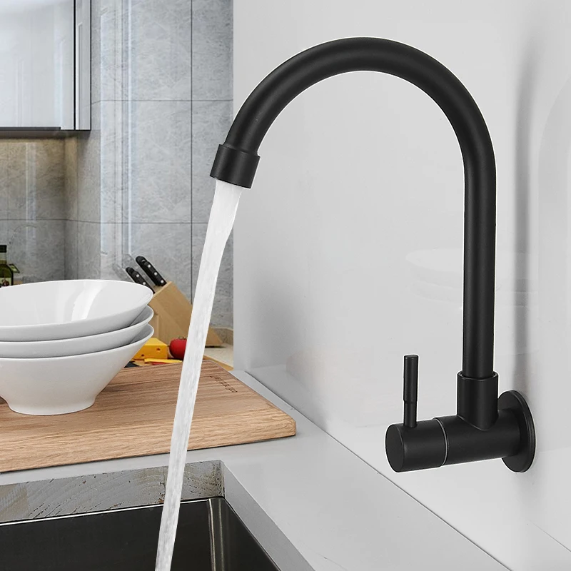 

Новый Кухонный Смеситель для холодной воды, раковина для овощей, настенный смеситель из нержавеющей стали, для балкона, черная ванна для сти...