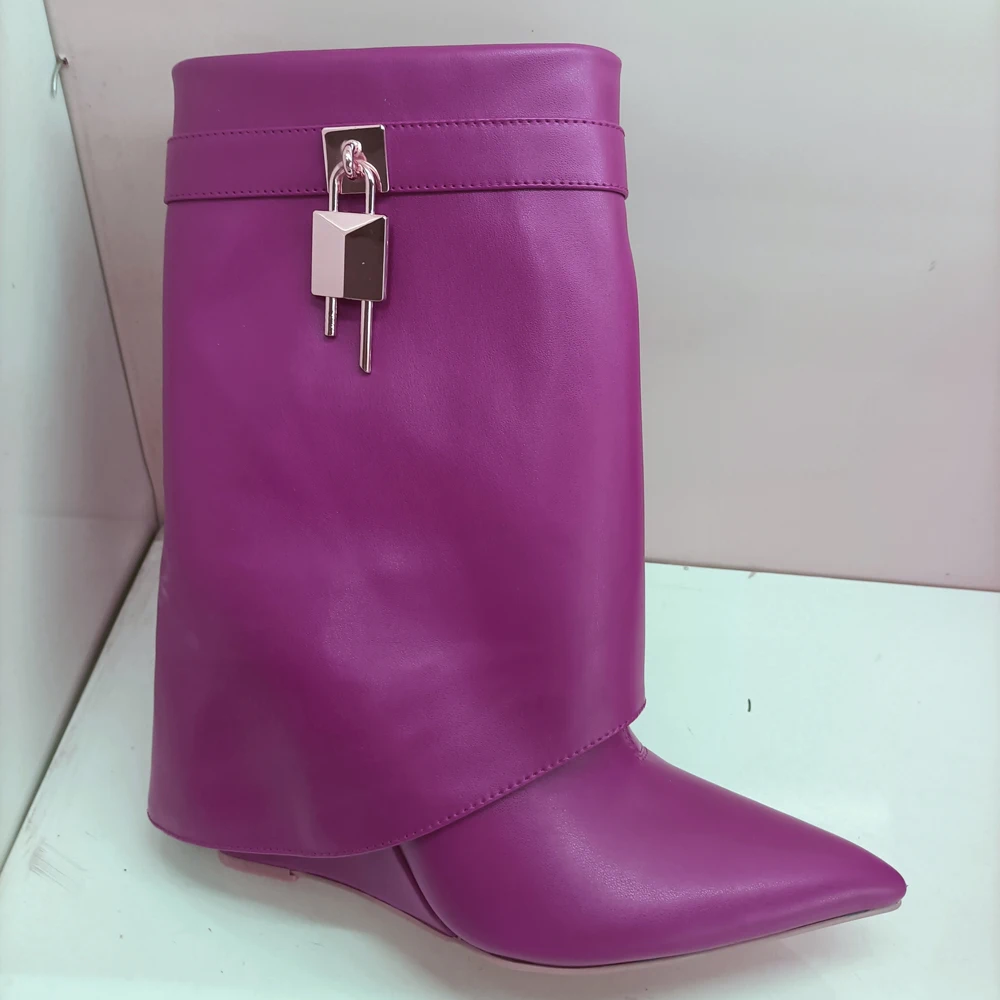 Black Fold Knee Women High Heel Boots Shark Lock Decor Women Wedge Heel Boots Pointed Toe Big Size Long Boots Mujer Chaussures