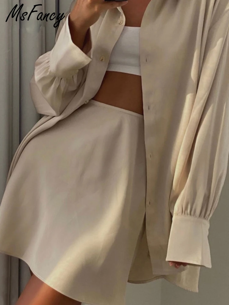 Комплект из рубашки и юбки Msfancy Женский атласный комплект 2 предметов рубашка с