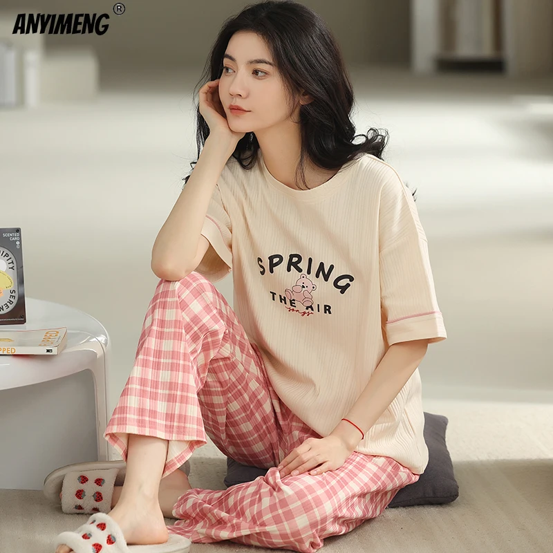

Kawaii Pink Pajamas Set for Women Summer Lady New Soft Cotton Sleepwear Two Piece Homesuits Round Neck Girls Cute Cartoon Pijama