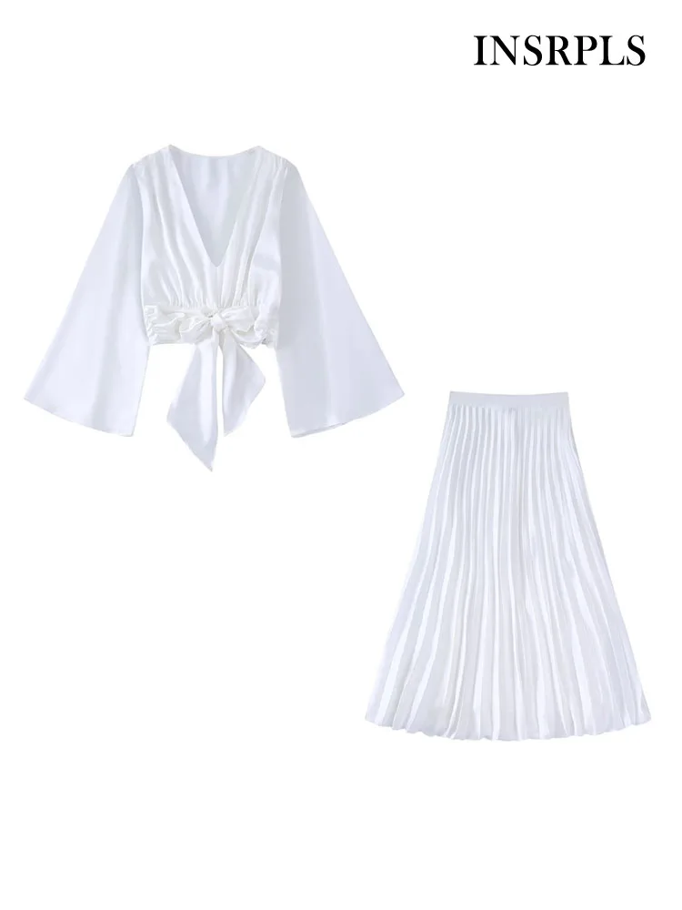 

INSRPLS Women Fashion Front Bow Tied Cropped Satin Blouses And High Waist Pleated Midi Skirts Female Two Piece Sets Mujer