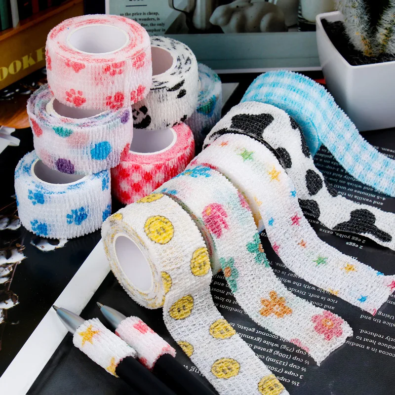 

5 pcs Finger guard bandage writing Printed Medical self-adhesive bandage sports tape non-woven elastic pet tattoo 4.8m bandage