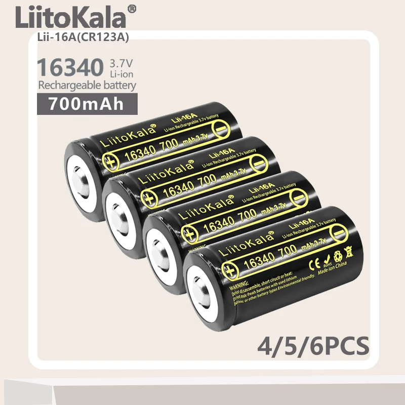 4-6PCS LiitoKala Lii-16A CR123A ICR123  16340 Battery 700mAh 3.7V Li-ion Rechargeable Battery For Arlo Security Camera L70