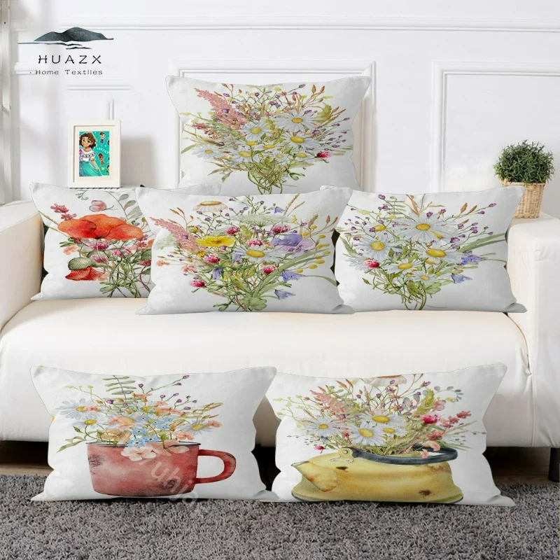 

Watercolor Kettle Flower Pillow Case Peach Skin Backrest Chair Pillowcase Cushions Decorative Sofa Cushion Cover Pillowcases