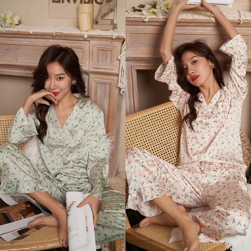 Pajamas women's simulation silk long-sleeved cardigan two-piece suit printed home clothes sleepwear nighty cloth tops+ trouser
