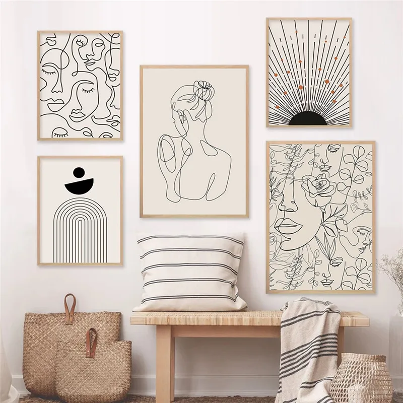 

Abstract Line Woman Faces Flowers Sunshine Rainbow Poster Canvas Painting Wall Art for Living Room Decoration Home Decor Picture