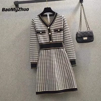2022 spring new women elegant plaid houndstooth knitted dress female sexy casual bodycon long dress vintage pearl button robe