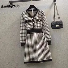 2022 Spring New Women Elegant Plaid Houndstooth Knitted Dress Female Sexy Casual Bodycon Long Dress 