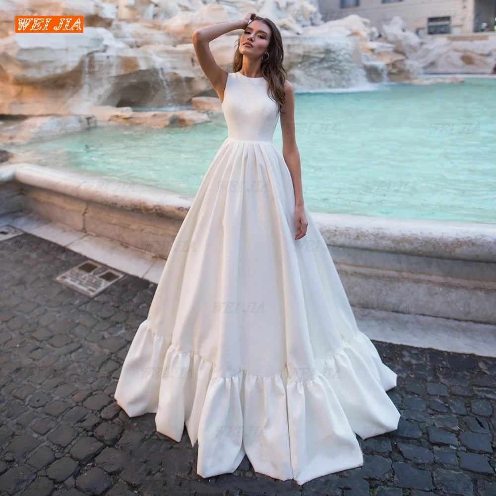 

A Line Cathedral Wedding Dress Elegant Satin Court Train Simple Off White Elegant Custom Ruched Made Large Size Robe WEI JIA