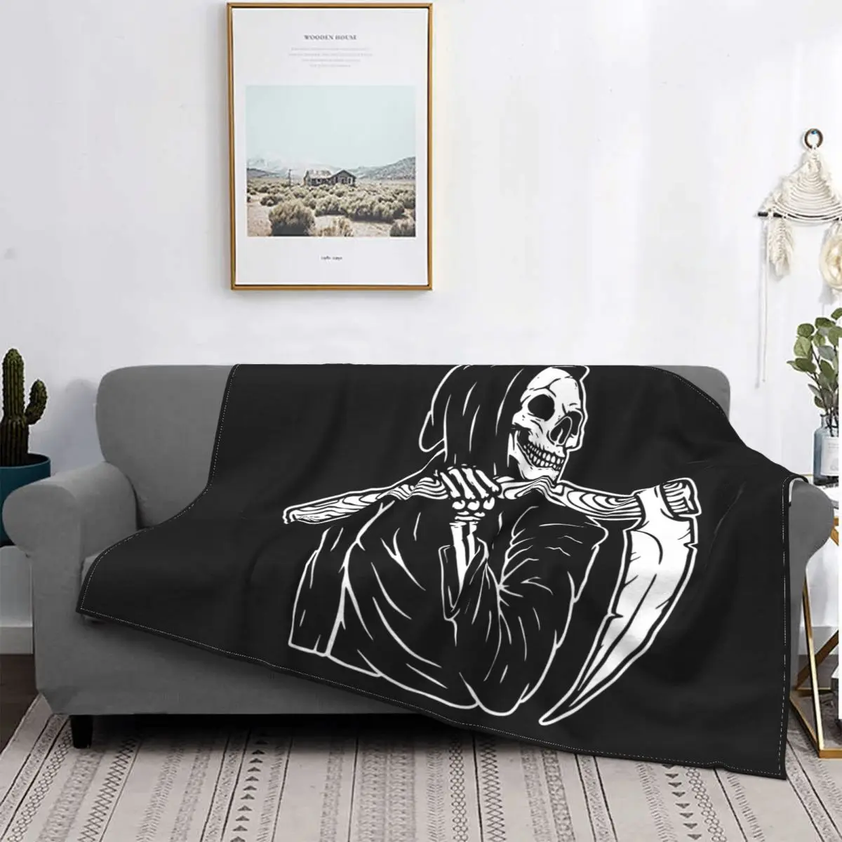 

Grim Reaper Black And White Blanket Skull Dead Skeleton Winter Bedspread Plush Soft Cover Flannel Throw Blanket Bedding Bed