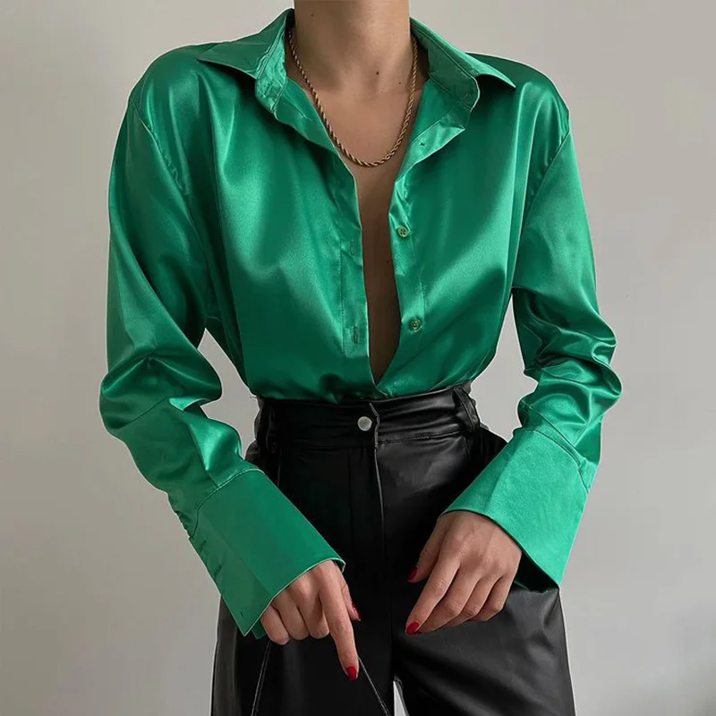 

Satin Long Sleeve Blouse Women 2022 New Elegant Office Ladies Button Up Shirts Turn Down Collar Casual Chic Green Tops