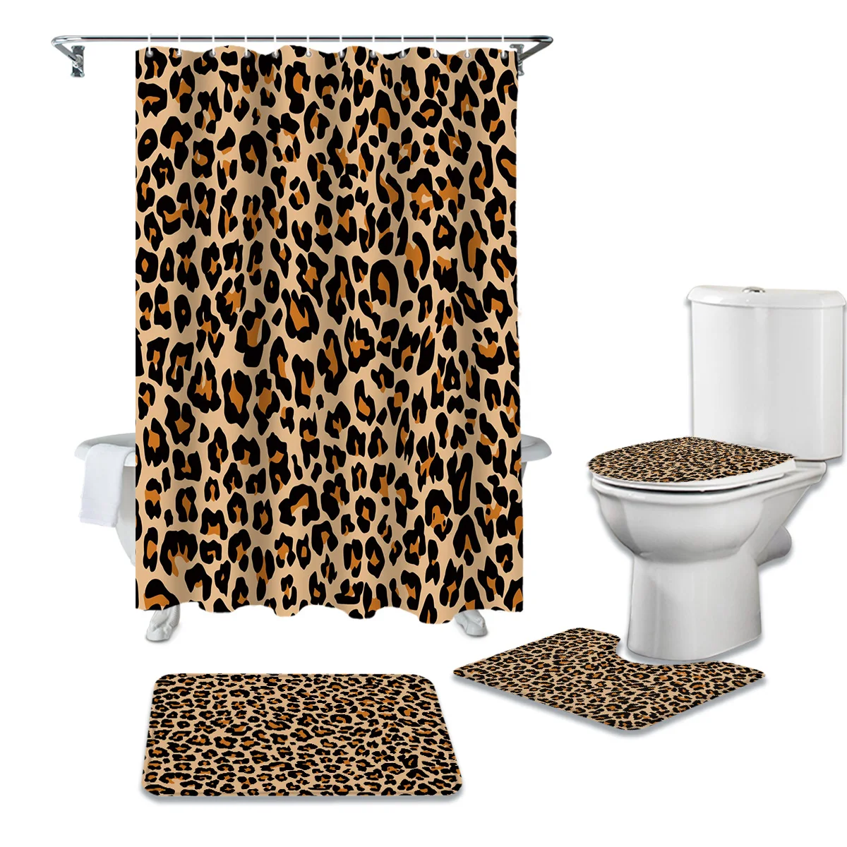 Leopard Print Cheetah Art Pattern Shower Curtain Toilet Seat Cover Set Wc Accessories Mat Bathroom Decor Bath Curtains