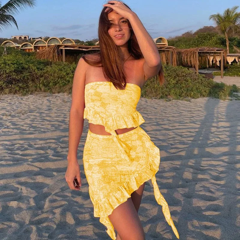 

Cover Up For Swimwear Women Summer Outfits 2023 Ins Dress New Print Sleeveless Strapless Leisure Skirt With French Suit Female
