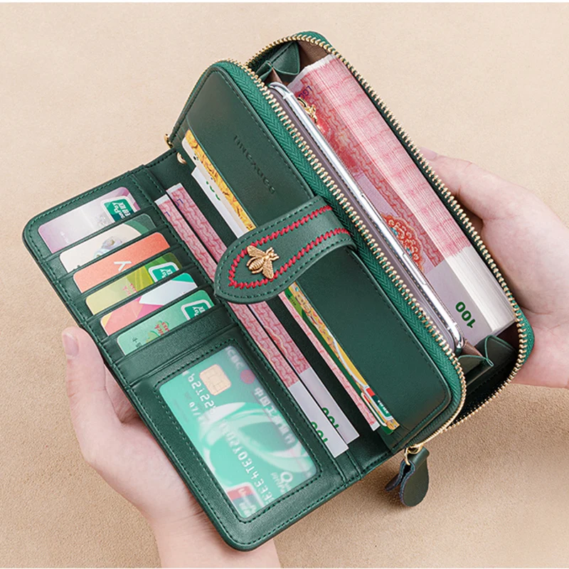 High Quality Leather Women Wallet Clutch Female Purse Long Money Bag Zipper Coin BeeLuxury Brand Wristlet Phone Hasp Card Holder