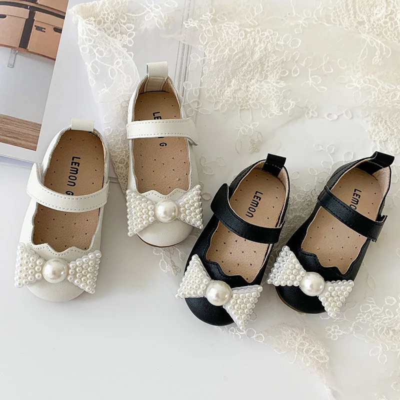 Girls Shoes Pearls Bow Mary Janes Kids Flats White Wedding For Flowers Princess Baby Bead Single Shoe |
