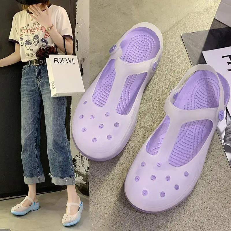 

Женские сандалии с перфорацией, на толстой платформе, пляжные шлепанцы на высоком каблуке, для улицы, лето 2022