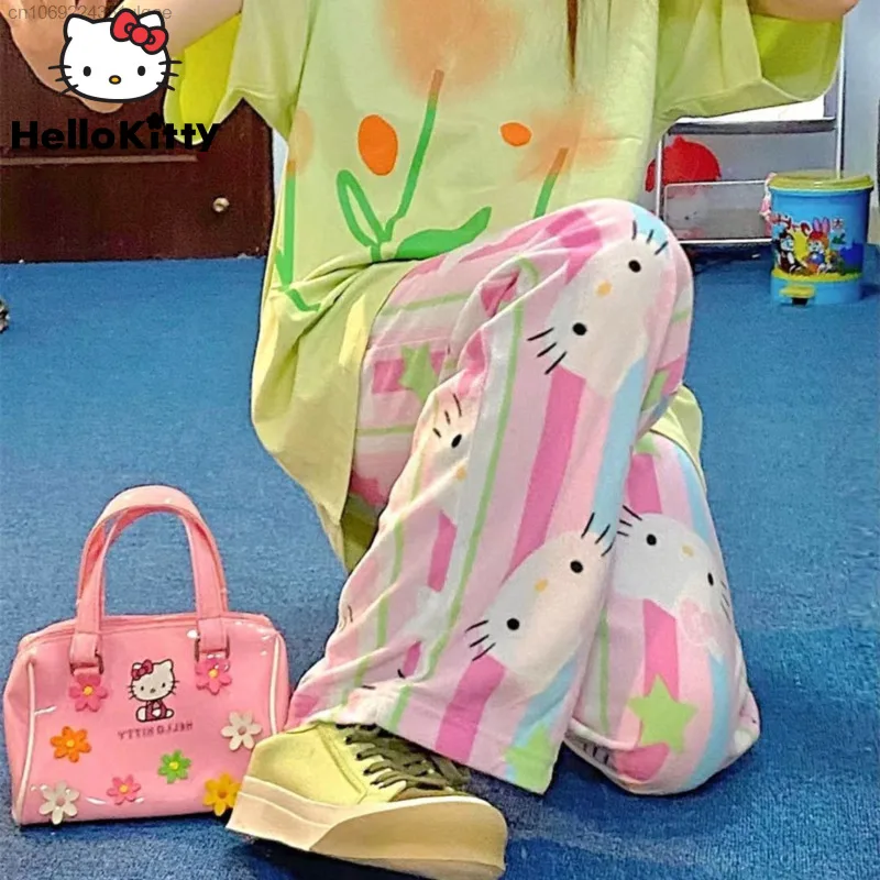 Sanrio Trousers Hello Kitty Pajamas Pants Cartoonj Printed Soft Sleepwear Y2k Women Oversized Fashion Korean Home Dress Clothing