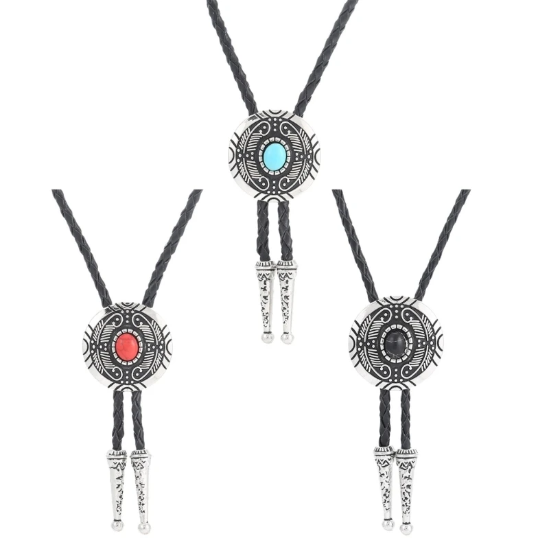 

L5YA Bolo Tie for Men Western Cowboy Style Necktie with Carved Gemstones Buckle Gentleman Formal Meeting Costume Accessories
