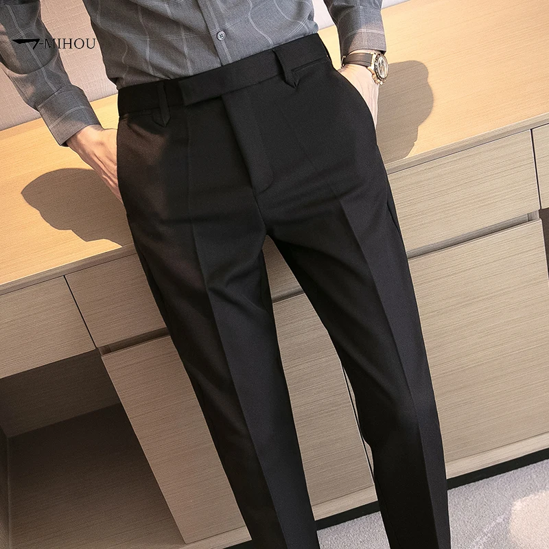 

Мужские костюмные брюки 2023, высококачественные мужские однотонные облегающие строгие брюки, облегающие офисные деловые мужские брюки, модель 28-36