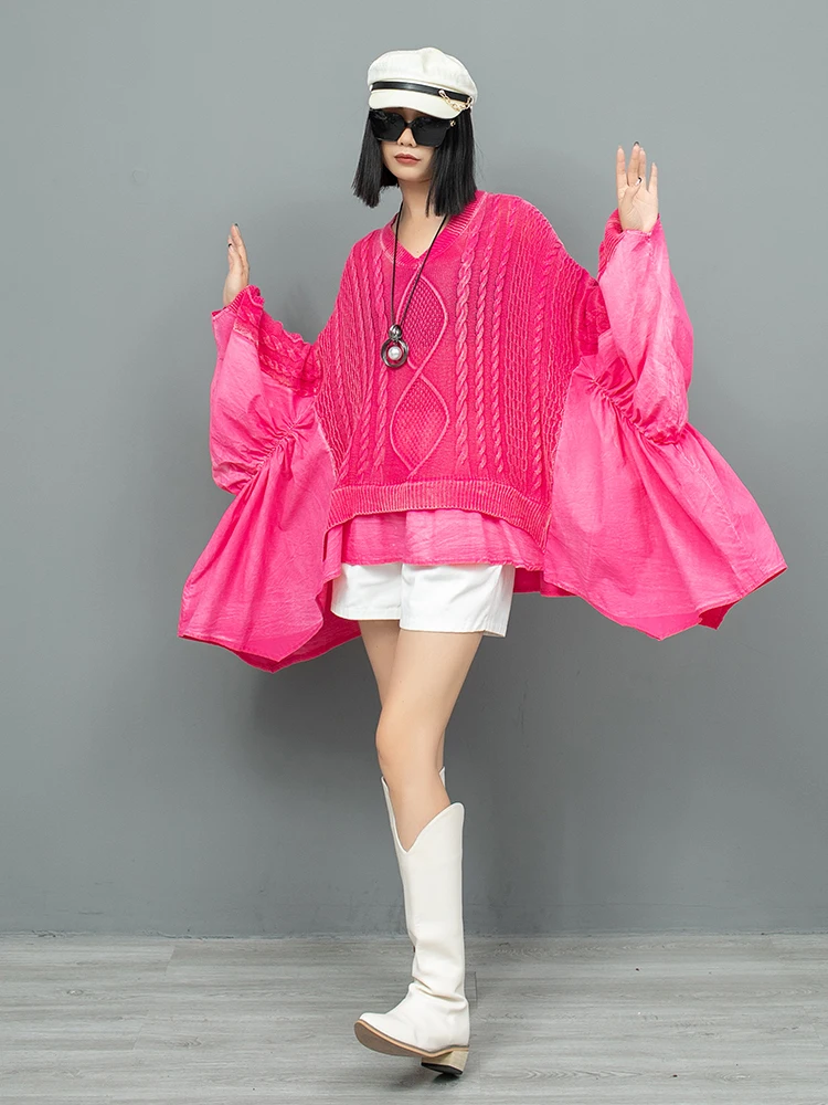 Женский вязаный свитер с V-образным вырезом и рукавом летучая мышь