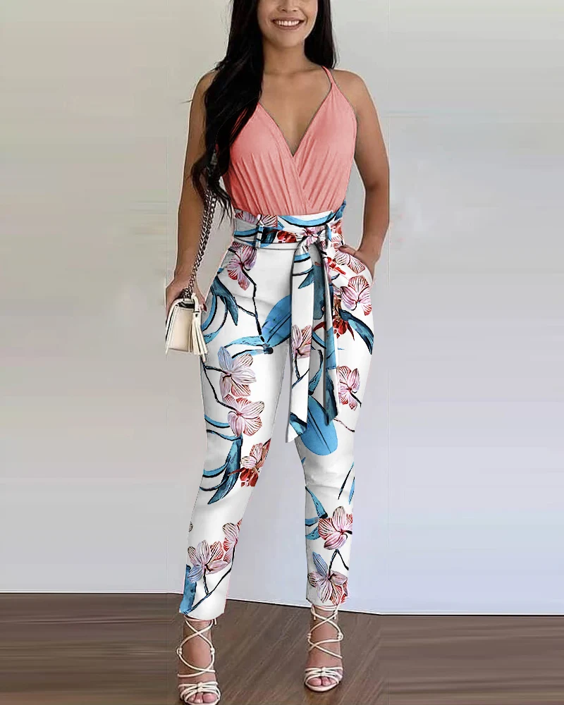 

Summer Solid Color Ruched Women Top + Floral Print Pants Set With Belt 2022 Femme Casual Outfits Women 2 Pieces Overalls