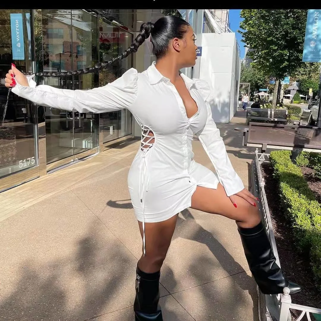 

Осенне-зимнее однотонное платье-рубашка с вырезами и рукавами принцессы, приталенное, облегающее и универсальное, 2023