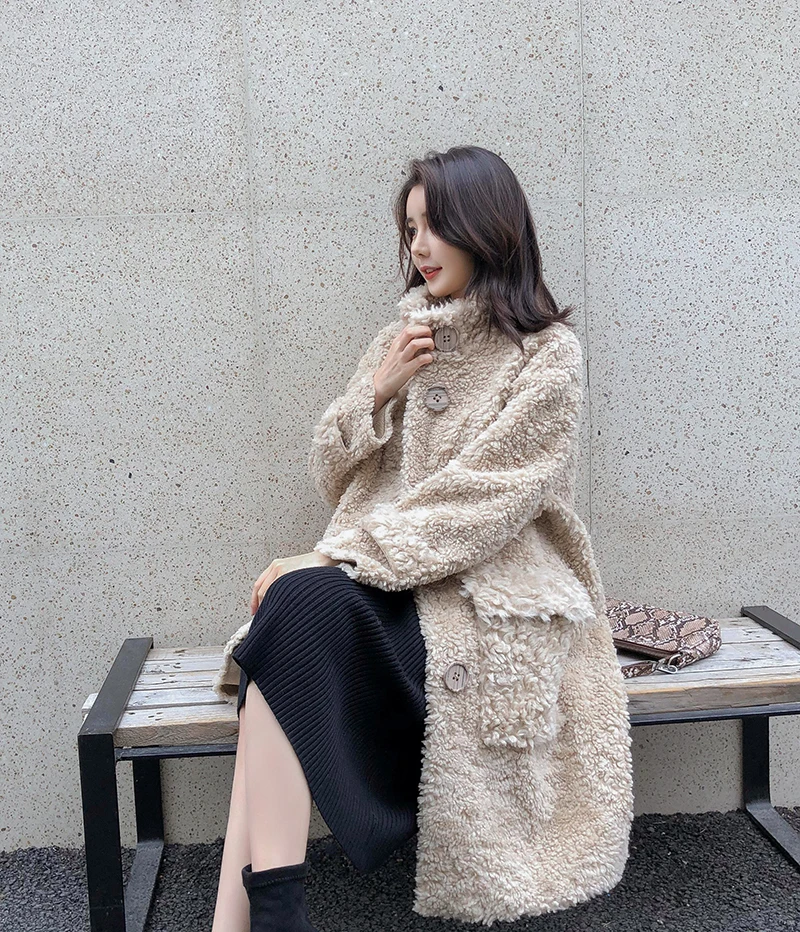 Furyoume Winter Women Real Fur Coat Knitting 100% Wool Jacket Long Thick Warm Outerwear Single Breasted Natural Fur Streetwear