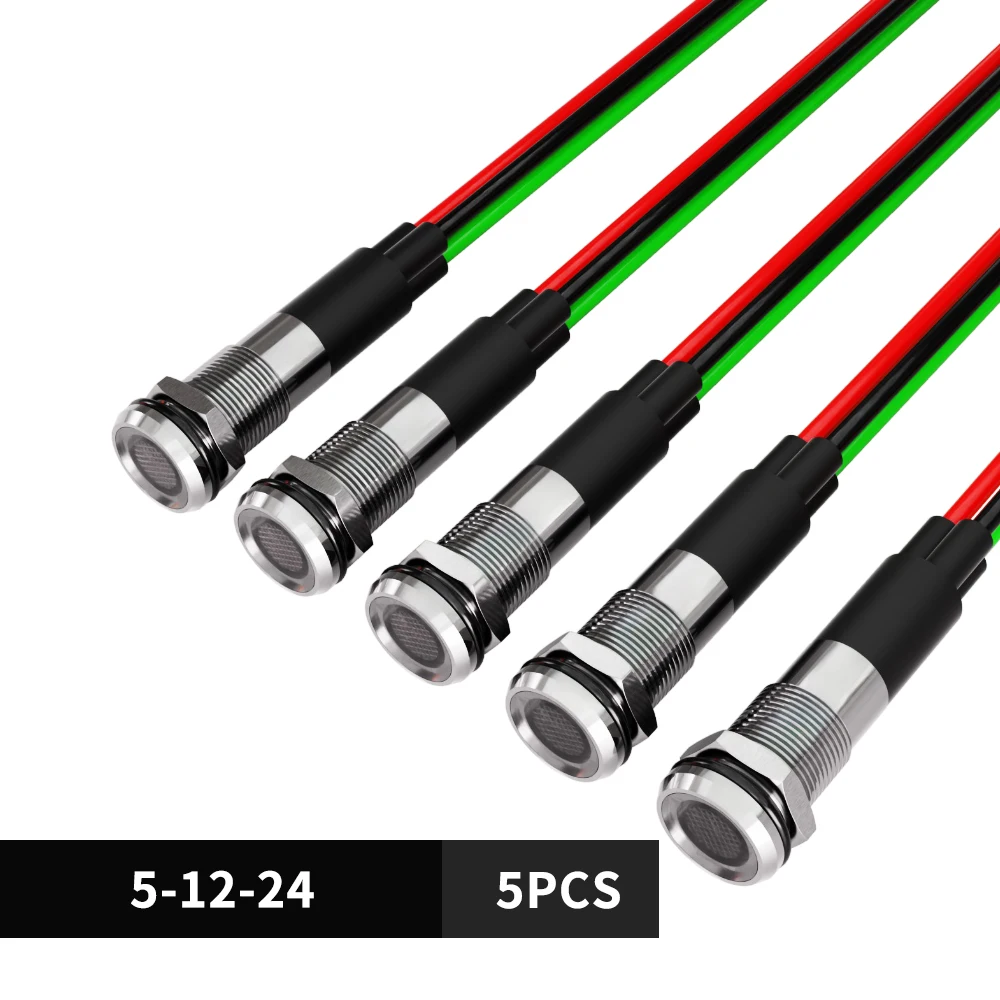 

5 шт., 8 мм, двухцветный, красный, зеленый, металлический светодиодный индикатор с плоской головкой, водонепроницаемый черный пластиковый корпус для автомобиля, панели длины отправки 12 В 24 В