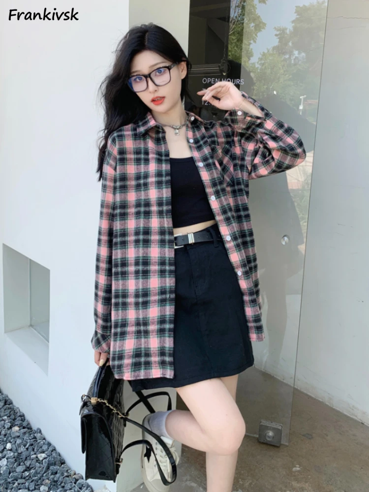Клетчатые рубашки женские ретро весенние свободные повседневные однобортные