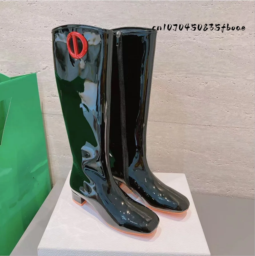 

Winter Women's Boots Patent Leather Thick Heeled Boots Fashion boots Bright Face Square Head Genuine Cowhide Top Quality Luxury