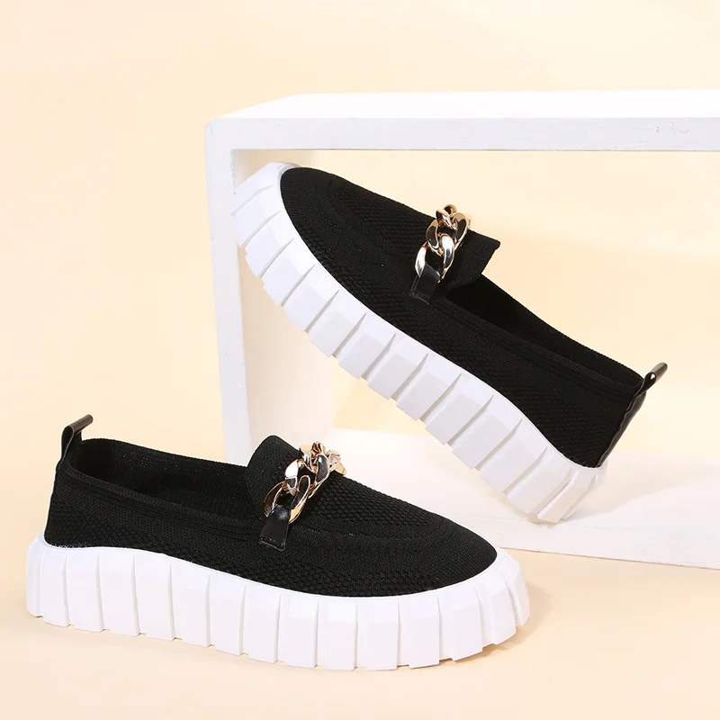 Black Women's Chain Loafer Flats Women Round Toe Slip on Mesh Sneaker Casual Shoes Fabric Flats Breathable Comfy Walking Shoes